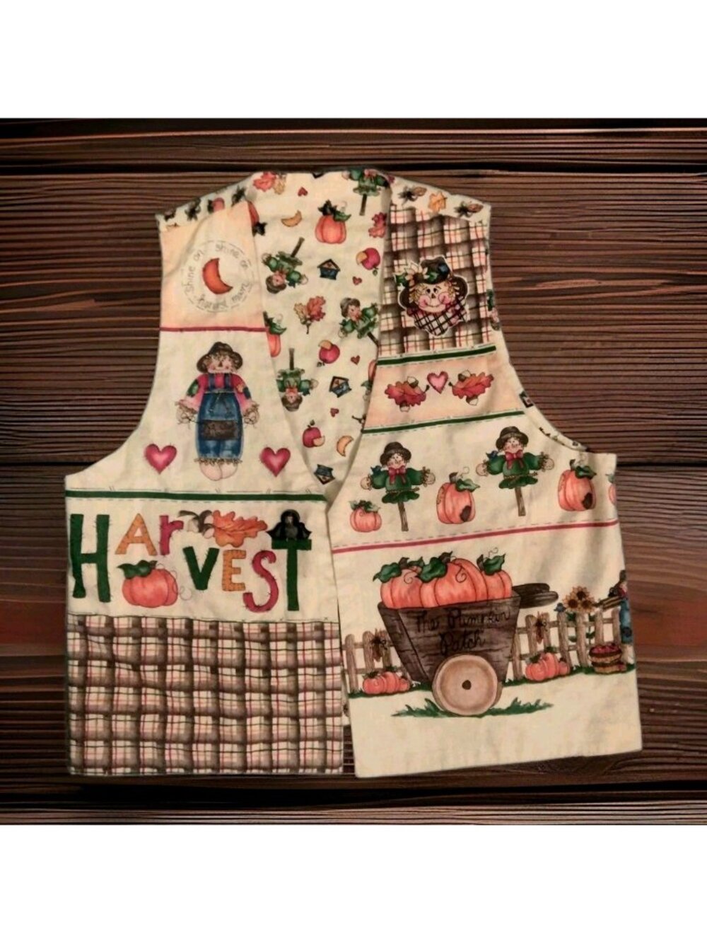 Fall Autumn Harvest Women's L Vintage Vest Reversible Scarecrow Cat Granny Fall